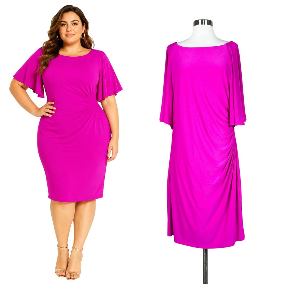 Lauren Ralph Lauren | Fuchsia Pink Flutter Sleeve Ruched Sheath Dress Size 18